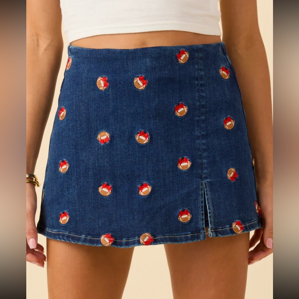 Dark Wash Football Embroidery Skort